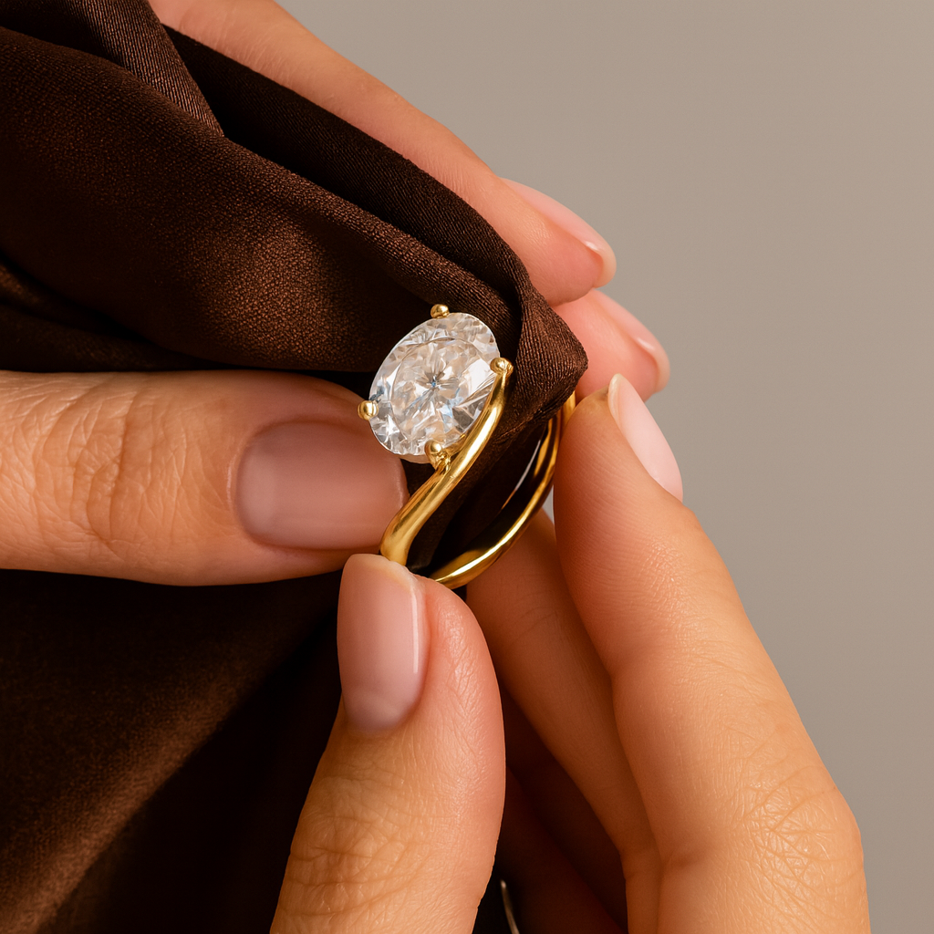 Gold ring with a large diamond held between fingers against a brown fabric background